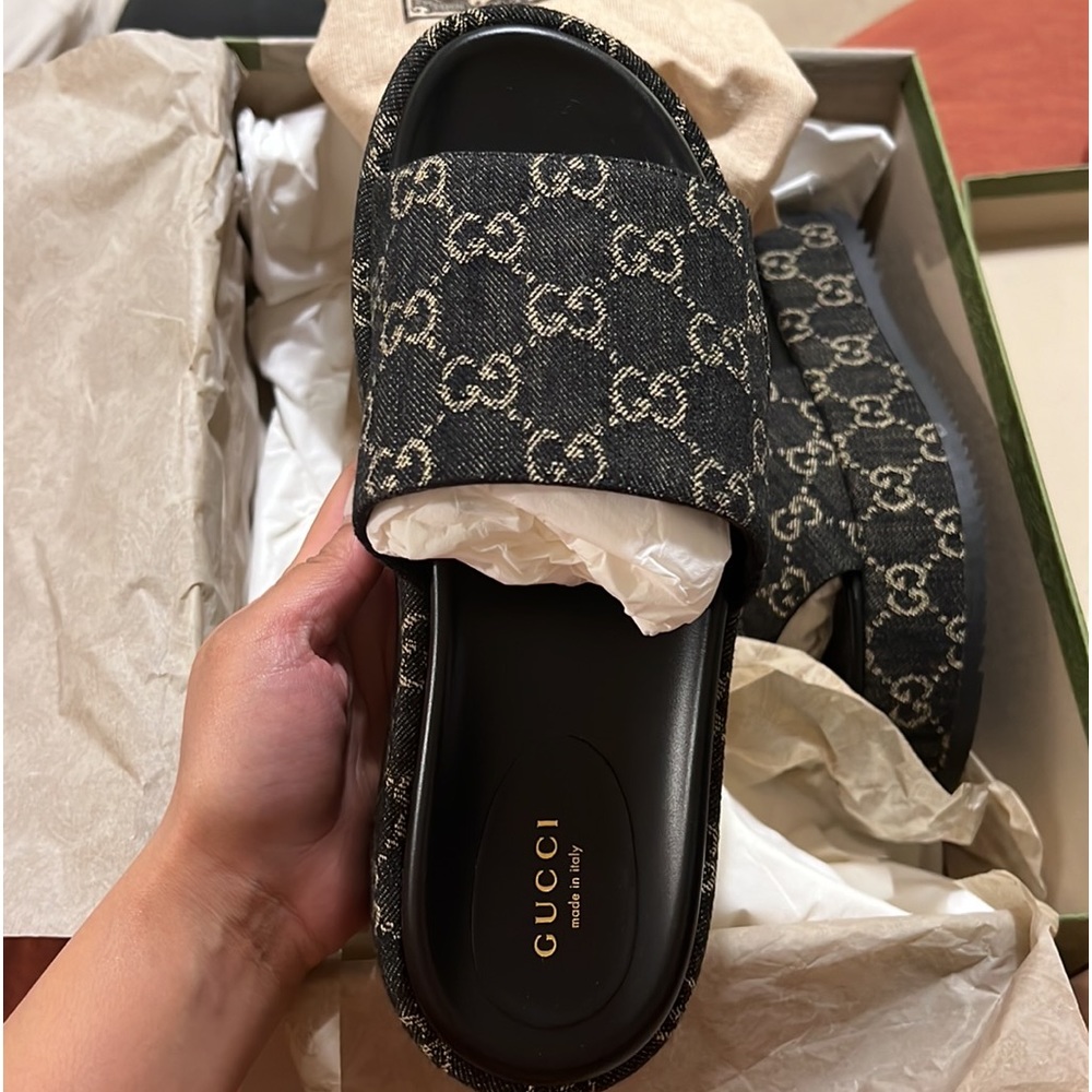 Gucci Jacquard Black Denim platform flops
